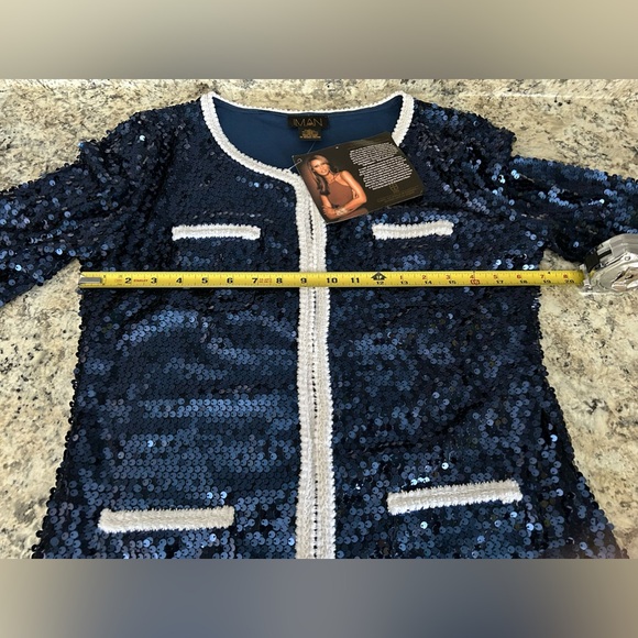 NWT Iman Global Chic Blue Sequins White Trim Jacket Blazer Cardigan Size M - Picture 12 of 13
